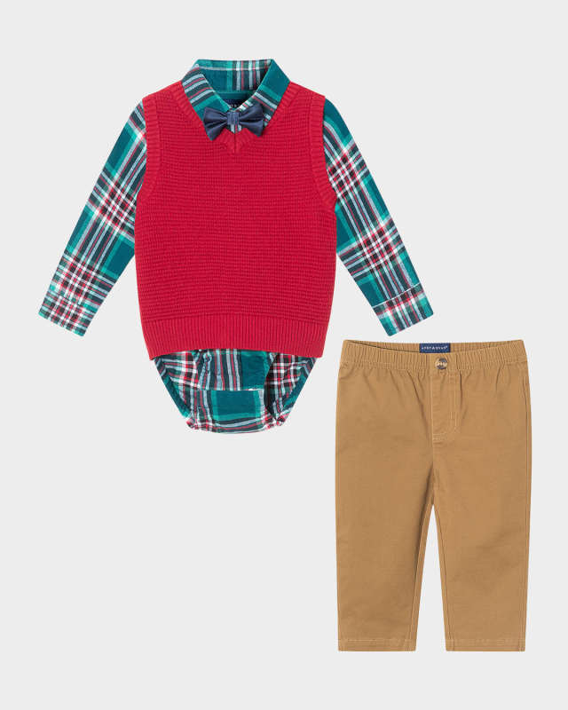 Boy's Plaid Button Down Bodysuit W/ Sweater Vest & Bowtie Set, Size Newborn-24